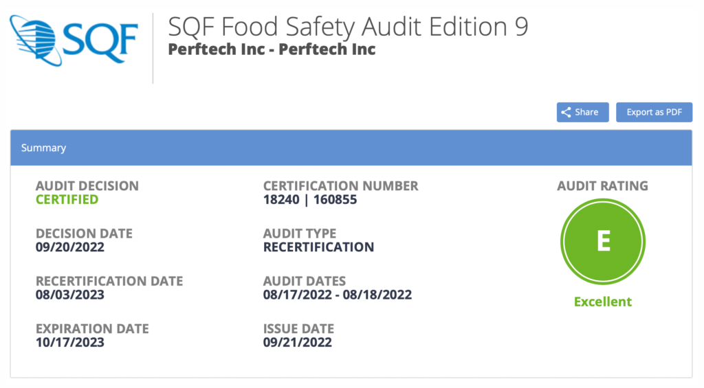 Perftech SQF 2022 Excellent Rating